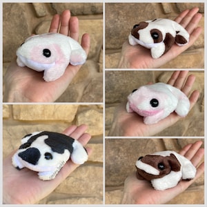 Frog Plush Cow Print Ready To Ship// Pocket Frog Plushie// Bean Bag Frog// Toad Plushie