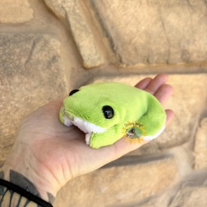 Puede incluir: Un juguete de peluche de rana verde con grandes ojos negros y detalles blancos. La rana es pequeña y suave, diseñada para ser sostenida. El juguete tiene un diseño cosido y un pequeño logotipo en el lateral.