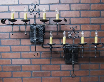 Huge Pair Vintage 1950's Spanish Revival Wall Sconces, Wrought Iron Gothic Wall Sconces 21 1/2" Wide