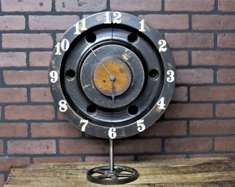 Vintage Industrial Wooden Foundry Mold Clock 21 1/2" Tall 16" Diameter  Early 1900's Mold