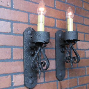 Pair of Vintage 1960's Spanish Revival Wall Sconces, Wrought Iron Gothic Wall Sconces 15" Tall