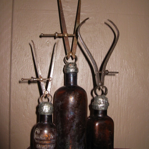 Set of 3 Vintage Industrial Amber Bottles with Antique Architects Machinists Calipers Soldered