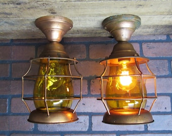 PAIR 1930s Vintage Antique Copper Porch Ceiling Light Arts & Crafts Bungalow Cottage Light Fixture 11 1/4"L