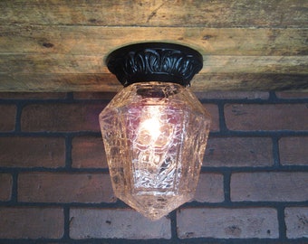 Vintage Ceiling Porch Light,  Arts & Crafts Outdoor Light, Mission Craftsman Clear French Crackle Glass 9 1/4" Long