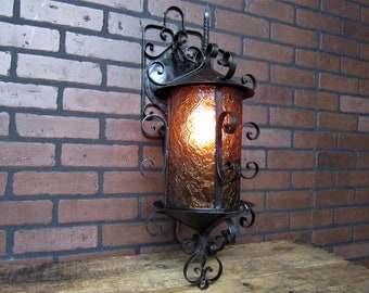 Large Antique 1940's Porch Light Wall Sconce 27" Tall Spanish Revival California Mission Amber Shade Rewired Restored