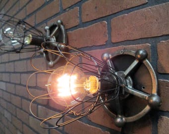 Vintage Industrial Wall Sconces Pair Old Cast Iron Gears with Trouble Cages