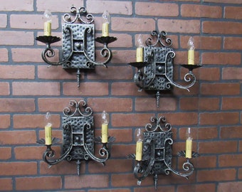 Set of 4 Vintage 1950's Spanish Revival Wall Sconces, Wrought Iron Gothic Wall Sconces 13" Tall