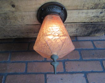 Vintage 1920s Porch Ceiling Light, Mission Crackle Glass Shade