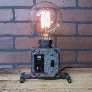 Industrial Desk Lamp - Phone Charger - USB Port - Steampunk Office Decor - Charging Station- Edison Bulb - Father&#39;s Day