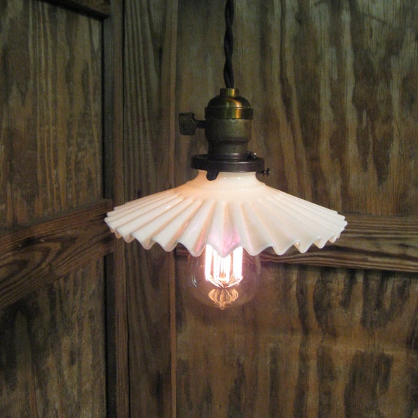 Vintage Industrial Light - Pendant  Ceiling Light with 7 1/2" Rippled Petticoat Opalescent White Glass Shade