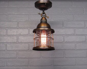 Vintage Copper Porch Ceiling Light, Arts & Crafts Bungalow Lighting 13" Long Restored