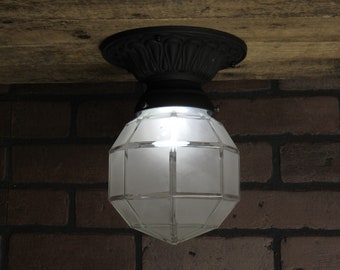 Vintage Ceiling Porch Light,  Arts & Crafts Outdoor Light, Mission Craftsman Clear Frosted Glass  Porch Light Fixture 8" Long