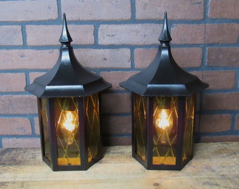 Large Pair Vintage Story Book Gothic Porch Light Wall Sconces Amber Glass Restored  15 1/4" Tall