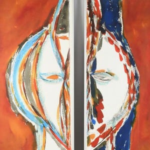 May include: A diptych of two framed vertical paintings featuring abstract human faces. The artwork uses a vibrant palette of burnt orange, deep blue, white, and grey, with expressive brushstrokes forming facial features against a solid orange background.