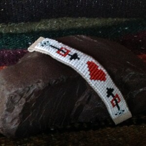 Hand loom seed bead bracelet &quot;Sweetheart&quot; OOAK design with pig skin backing, beaded anklet, beaded hatband