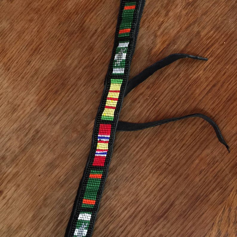 Vietnam Service Ribbon Loom Beaded Hatband With Black Deerskin Backing