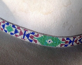 Hand woven beaded hatband, traditional Green diamond pattern, backed with pigskin leather