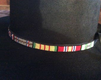 Vietnam Service Ribbon loom beaded hatband with black Deerskin backing