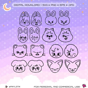 Archivos vectoriales de expresiones faciales de SKZ Stray Kids SKZOO / svg, png, jpg, eps / Archivos de corte para Cricut y Silhouette
