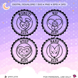 May include: Four circular digital download designs with black outlines and purple backgrounds. Each design features a different cartoon character inside a heart shape, with the text "WUMUTI", "RUI", "HYUN", and "HARU" above the heart, and "XLOV" below.