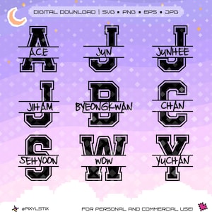 Pode incluir: Nove gráficos de letras em preto e branco com uma linha horizontal no meio. Cada letra tem um nome diferente escrito abaixo da linha. Os nomes são Ace, Jun, Junhee, Jiham, Byeongkwan, Chan, Sehyoon, Wow e Yuchan.