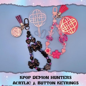 KPDH | Kpop Demon Hunters Acrylic & Button Keyrings | Huntrix / Saja Boys | Beaded Elastic Strap Keychain  | Kpop Fan Art Keyring