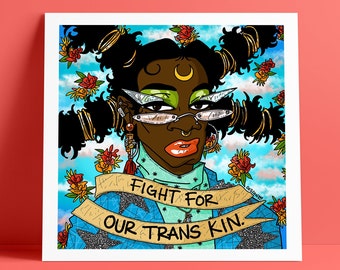 Support Our Trans Kin | Queer Art | lgbtqiaa Wall Art | Melanin Line Art | Solidarity Art | Flowers