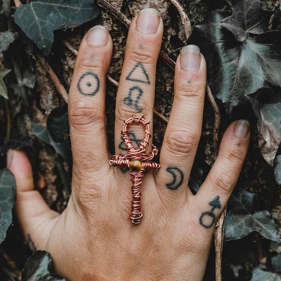 Pure Copper Ankh Tiger Eye Ring Non Tarnish Handmade