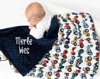 CLEARANCE! Personalized Baby Blanket Boy - Tractor Baby Blanket - Farm Baby Blanket - Minky Baby Blanket with Name