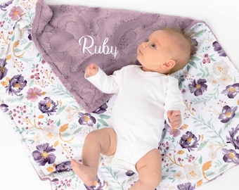 Baby Girl Gift - Personalized Girl Baby Blanket - Purple Floral - Baby Name Blanket - Girl Minky Baby Blanket with Name