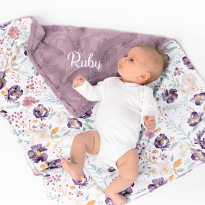 Baby Girl Gift - Personalized Girl Baby Blanket - Purple Floral - Baby Name Blanket - Girl Minky Baby Blanket with Name