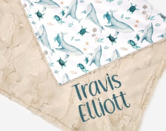 Under the Sea Baby Blanket - Personalized Baby Blanket - Embroidered Newborn Baby Gift - Minky Baby Blanket - Whale + Sea Turtle