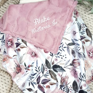 Personalized Baby Blanket Girl - Dusty Pink Floral Baby Blanket - Newborn Baby Shower Gift - Minky Baby Blanket