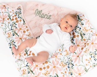 Baby Girl Blanket Personalized - Daisy Floral Minky Baby Blanket - Blanket with Name - Embroidered Blanket - Newborn Baby Gift