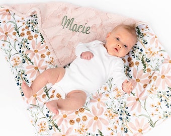 Baby Girl Blanket Personalized - Daisy Floral Milestone Blanket - Crib Blanket Girl - Birth Announcement - Newborn Baby Gift