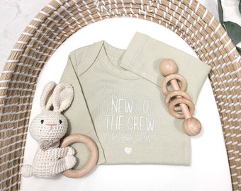 New to the Crew - Embroidered Pregnancy Announcement Bodysuit - Personalized Hospital Coming Home Outfit - 100% Organic Cotton