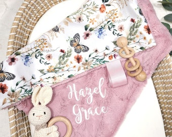 Lovey Blanket Personalized - Wildflowers + Butterfly - Girl Lovie Blanket - Security Blanket - 17x17 inches