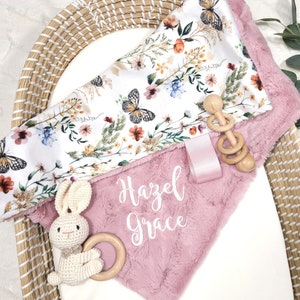 Lovey Blanket Personalized - Wildflowers + Butterfly - Girl Lovie Blanket - Security Blanket - 17x17 inches