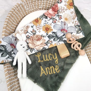 Girl Lovey Blanket Personalized - Vintage Floral Lovey - Boho Lovey - Personalized Lovey - Security Blanket - 17x17 inches