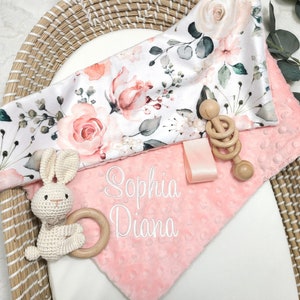 Lovey Blanket Personalized - Peach Rose Floral - Girl Lovie Blanket - Security Blanket - 17x17 inches