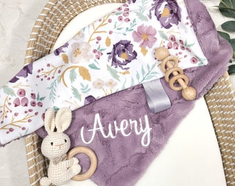 Lovey Blanket Personalized - Purple Floral - Girl Lovie Blanket - Security Blanket - 17x17 inches