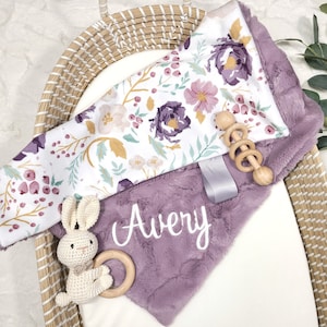 Lovey Blanket Personalized - Purple Floral - Girl Lovie Blanket - Security Blanket - 17x17 inches