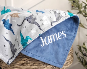 Personalized Boy Baby Blanket with Name - Dinosaur Baby Blanket - Newborn Baby Shower Gift