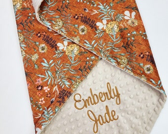 Personalized Girl Baby Blanket - Rust Marigold Wildflowers - Terracotta - Baby Name Blanket - Girl Minky Baby Blanket with Name