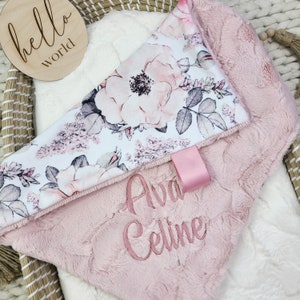 Girl Lovey Blanket Personalized - Pink Floral Lovey - Security Blanket - 17x17 inches