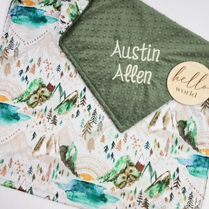CLEARANCE! Olive Woodland Mountain Baby Blanket - Personalized Baby Blanket Boy - Crib Blanket - Birth Announcement Blanket