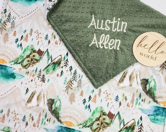 Olive Woodland Mountain Baby Blanket - Personalized Baby Blanket Boy - Crib Blanket - Birth Announcement Blanket