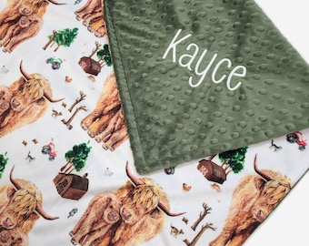 CLEARANCE! Highland Cow - Personalized Baby Blanket Boy - Farm Baby Minky - MINKY Baby Blanket - Newborn Baby Shower Gift