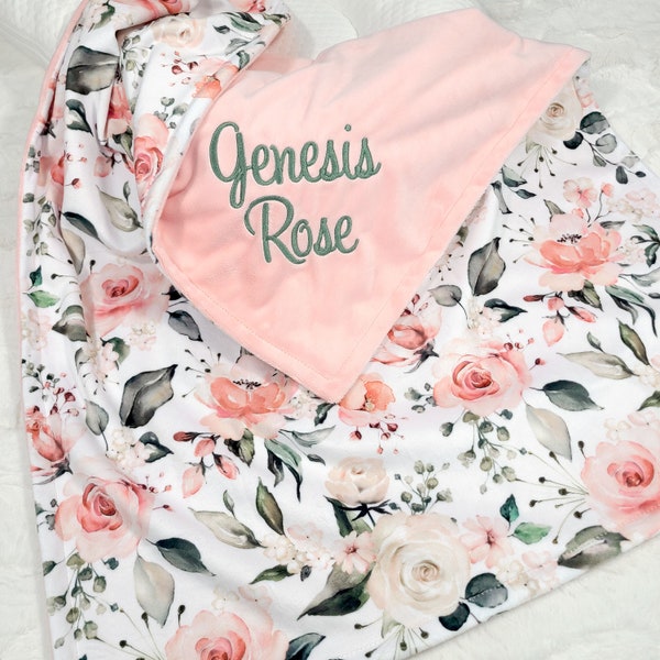 Peach Rose Floral Baby Blanket - Personalized Girl Baby Blanket - Girl Baby Shower Gift