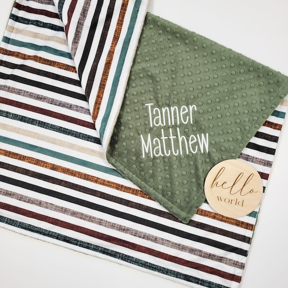 Personalized Baby Blanket - Boy Baby Blanket - Striped Baby Blanket with Name -Minky Baby Blanket